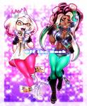 boots clothing crown dark_body dark_skin dress duo electronics female fingerless_gloves footwear gloves green_eyes hair handwear headgear headphones jacket markings mask mole_(marking) pseudo_hair shoes short_hair suction_cup tentacle_hair tentacles topwear yellow_eyes chiba_toshirou nintendo splatoon marina_(splatoon) off_the_hook_(splatoon) pearl_(splatoon) animal_humanoid cephalopod cephalopod_humanoid humanoid inkling marine marine_humanoid mollusk mollusk_humanoid octarian octoling 2017