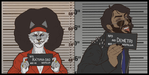 afro anthro beard black_border border clothing colored_nails duo ear_piercing eyewear facial_hair fangs female front_view frown fur grey_body grey_fur holding_object holding_sign jacket jewelry kerchief leather leather_clothing leather_jacket leather_topwear leopard_spots looking_at_viewer male male/female mugshot mustache nails one_eye_closed piercing ring scowl side_view sign spiked_jacket spots sunglasses sunglasses_on_face teeth tongue tongue_out topwear v-neck wearing_sunglasses whiskers white_body white_fur wink winking_at_viewer zipper hizrihel_(artist) barbie_and_ken_mugshot_meme microsoft the_elder_scrolls demetri_malius_(hizrihel) ra'tima-daro_(hizrihel) felid human khajiit mammal hi_res