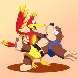 anthro backpack beak belt blue_eyes brown_body brown_fur clothed clothing dancing duo eyelashes feathers female fur green_eyes head_tuft jewelry male red_body red_feathers simple_background tan_background topless tuft wings skelly_doll banjo-kazooie rareware banjo_(banjo-kazooie) kazooie avian bear breegull mammal 1:1 hi_res
