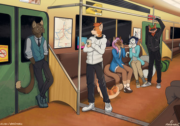 accessory anthro blue_clothing blue_jacket blue_topwear bottomwear brown_body brown_fur brown_hair carriage clothing coffee_cup container cup dark_jacket dark_trousers female fluffy fluffy_tail footwear fur green_hair green_tail grey_body grey_fur group hair jacket light_skirt male metro miniskirt necktie novosibirsk_(city) novosibirsk_oblast outerwear pink_hair public_transportation rail_transit red_body red_fur red_hair russia shirt shoes sitting skirt sneakers standing subway subway_map tail text topwear urban_rail_transit vehicle vest white_bottomwear white_clothing white_skirt xleb0rezka 81-717 metrovagonmash novosibirsk_metro canid canine domestic_cat felid feline felis fox mammal 2022 cyrillic_text english_description hi_res russian_text url