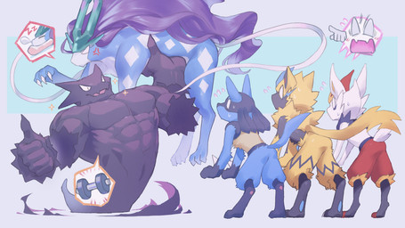 ambiguous_gender angry anthro blue_body blue_fur feral fur group lifting_another muscular muscular_anthro open_mouth size_difference smile yellow_body yellow_fur zero_winchester nintendo pokemon canid canine cinderace felid generation_1_pokemon generation_2_pokemon generation_4_pokemon generation_7_pokemon generation_8_pokemon ghost haunter legendary_pokemon lucario mammal pokemon_(species) spirit suicune zeraora 16:9 widescreen