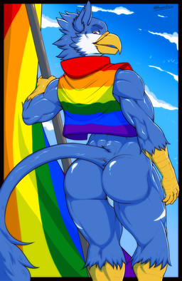 anthro avian_feet beak biped black_claws blue_body blue_eyebrows blue_hair bottomless butt claws clothed clothing cloud cropped_jacket eyebrows flagpole hair holding_object holding_pole jacket jacket_only lgbt_pride light looking_at_viewer looking_back male markings multicolored_clothing multicolored_jacket multicolored_shirt multicolored_topwear muscular muscular_anthro muscular_male neck_tuft outside perineum pole presenting presenting_hindquarters pride_color_flag pride_colors purple_eyes rainbow_clothing rainbow_cropped_jacket rainbow_flag rainbow_jacket rainbow_pride_flag rainbow_symbol rainbow_topwear rear_view shirt simple_background skimpy sky skyscape solo sunlight tail tail_tuft text topwear topwear_only tuft white_body white_markings yellow_beak yellow_hands khayen lgbt_pride_month mythology jericko_(germanshepherd69) avian bird gryphon mythological_avian mythological_creature 2025 absurd_res artist_name digital_drawing_(artwork) digital_media_(artwork) hi_res