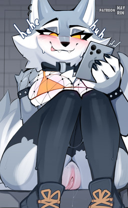 anthro biped blush breasts cellphone clothed clothing electronics eyelashes female fishnet_clothing fur genitals grey_body holding_cellphone holding_object holding_phone legwear phone pupils sitting smile solo thigh_highs vulva mayrin_(artist) illumination_entertainment sing_(movie) porsha_crystal canid canine canis mammal wolf absurd_res hi_res