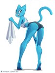anthro bent_over biped blue_body blue_eyes blue_fur bottomwear breasts clothed clothed_anthro clothed_female clothing crop_top eyebrows female fur grey_bottomwear grey_clothing grey_shorts hand_on_leg holding_object holding_towel hotpants looking_at_viewer looking_back low-angle_view medium_breasts open_mouth open_smile pawpads pose raised_inner_eyebrows rear_view shadow shirt shorts small_waist smile solo standing tail text topwear towel white_clothing white_crop_top white_topwear wide_hips dany-j cartoon_network the_amazing_world_of_gumball nicole_watterson domestic_cat felid feline felis mammal 2024 alternate_version_at_paywall colored english_text full-length_portrait hi_res pinup portrait shaded