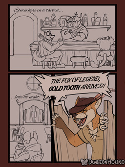 adventurer alcohol anthro beverage cocky cocky_smile dialogue fantasy gold_(metal) gold_tooth group male tavern text dungeonhound canid canine fox mammal 3:4 comic english_text hi_res