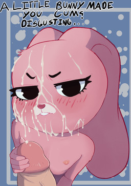 after_handjob anthro blush bodily_fluids clothed clothing cum cum_on_face disgust duo female fur genital_fluids genitals glaring holding_penis humanoid_genitalia looking_at_viewer male nipples nude penis pink_body pink_fur text topless young young_anthro young_female trolltoll_(artist) cartoon_network the_amazing_world_of_gumball anais_watterson lagomorph leporid mammal rabbit 2026 english_text hi_res