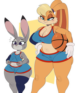 anthro ball basketball_(ball) basketball_uniform big_breasts blonde_hair blush bodily_fluids bottomwear breast_size_difference breasts buckteeth clothed clothing curvy_figure duo female female/female flying_sweatdrops gloves hair handwear one_thigh_high scut_tail short_tail shortstack shortstack_female simple_background small_breasts sportswear standing sweat sweatdrop tail teeth thick_thighs topwear tune_squad_outfit tune_squad_outfit_(2021) uniform voluptuous voluptuous_anthro voluptuous_female white_clothing white_gloves white_handwear wide_hipped_anthro wide_hipped_female wide_hips sssonic2 disney looney_tunes space_jam space_jam:_a_new_legacy warner_brothers zootopia judy_hopps lola_bunny european_rabbit lagomorph leporid mammal oryctolagus rabbit 2021 absurd_res crossover digital_media_(artwork) hi_res