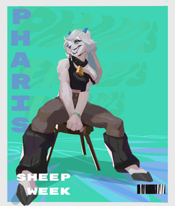 2_horns abstract_background anthro bell bell_collar blue_horn blue_pupils blue_sclera border bottomwear braces clothed clothed_anthro clothed_male clothing cloven_hooves collar floppy_ears freckled_face freckles fully_clothed fully_clothed_anthro fully_clothed_male fur furniture hair hooves horizontal_pupils horn lop_ears male male_anthro pants pupils shirt sitting smile solo stool tank_top teeth text topwear unguligrade white_body white_border white_eyes white_fur white_hair nandoart pharis_(lizarian) bovid caprine mammal sheep 2025 absurd_res character_name cover english_text full-length_portrait hi_res magazine_cover portrait shaded
