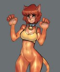 alternate_species anthro athletic athletic_female bell bell_collar bite biting_lip bottomless bottomless_anthro bottomless_female bra claws clothed clothing collar ear_tuft featureless_crotch female fur green_eyes grey_background hair looking_at_viewer markings navel orange_body orange_fur red_hair short_hair simple_background solo sports_bra striped_markings striped_tail stripes tail tail_markings tuft underwear yellow_bra yellow_clothing yellow_sports_bra yellow_underwear psuedofolio teenage_mutant_ninja_turtles april_o'neil domestic_cat felid feline felis mammal digital_drawing_(artwork) digital_media_(artwork) shaded