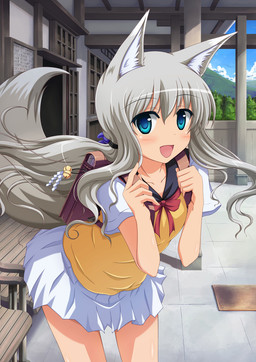 backpack bag bell blue_eyes bottomwear clothing cloud female grey_hair hair jingle_bell long_hair looking_at_viewer open_mouth ponytail randoseru school_uniform skirt solo tail uniform vfenster animal_humanoid canid canine humanoid mammal