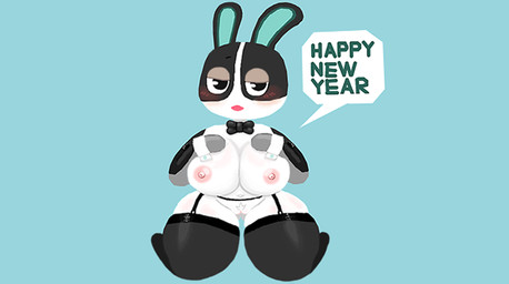 anthro areola bedroom_eyes big_breasts black_body black_bow_tie black_clothing black_eyes black_fur black_legwear black_thigh_highs blue_background blue_inner_ear blush blush_lines bow_tie breasts clothing costume featureless_hands featureless_legs female female_anthro fur garter_belt garter_straps genitals gloves hand_on_breast hands_on_own_breasts handwear holidays humanoid_genitalia humanoid_vulva kneeling legwear looking_at_viewer multicolored_arms multicolored_body multicolored_fur narrowed_eyes navel nipples open_mouth pink_areola pink_nipples pubes red_blush reverse_bunny_costume seducing_viewer seductive simple_background solo thick_thighs thigh_highs translucent translucent_armwear translucent_clothing translucent_elbow_gloves translucent_gloves translucent_handwear two_tone_arms two_tone_body two_tone_fur vulva white_body white_fur white_pubes white_sclera white_shirt_cuffs white_speech_bubble white_vulva wide_hipped_anthro wide_hipped_female wide_hips pangotime animal_crossing new_year nintendo dotty_(animal_crossing) lagomorph leporid mammal rabbit digital_drawing_(artwork) digital_media_(artwork) lineless