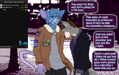 anthro clothed clothed_anthro clothing dialogue duo hand_on_shoulder humor hypnosis induction livestream male mind_control mouse_tail public slums speedrun submissive submissive_male text caine_latrans_(artist) hypnovember hypnovember2025 canid canine canis mammal mouse murid murine rodent wolf english_text hi_res