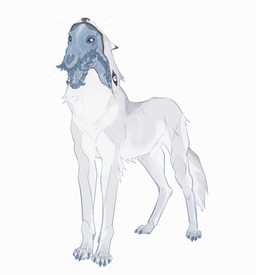 ambiguous_feral ambiguous_gender blue_bone blue_claws blue_eyes blue_pawpads blue_teeth bone claws fangs feral fur gore grey_body grey_fur looking_at_viewer open_mouth pawpads simple_background skull solo teeth whiskers white_background white_body white_fur justkiddinb canid canine mammal hi_res