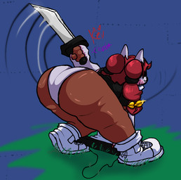 attack bell bell_accessory big_butt bodysuit butt cape clothing feline_ears female gloves hair handwear mask melee_weapon rear_view red_hair skinsuit sword thick_thighs tight_clothing weapon clovedex key_(clovedex) felid feline human mammal