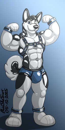 abs ankle_cuffs anthro barefoot biceps biped black_body black_nose blue_background bondage_gear bulge chest_harness clothed clothing cuff_(restraint) digitigrade feet flexing flexing_bicep flexing_both_biceps glistening glistening_body glistening_clothing glistening_underwear gradient_background harness head_tuft inflatable inflation_valve latex latex_body latex_clothing latex_underwear looking_at_viewer male multicolored_body muscular muscular_anthro muscular_male one_eye_closed paws pecs pose restraints simple_background smile smiling_at_viewer snout solo tail text topless tuft two_tone_body underwear white_body wink winking_at_viewer wrist_cuffs christhefurr zoufi animate_inanimate canid canine canis domestic_dog husky latex_creature living_inflatable mammal nordic_sled_dog spitz 2025 artist_name dated signature