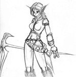 anthro arche_kruz biped black_and_white breasts canid canine clothed clothing female hair holding_object holding_weapon mammal melee_weapon midriff monochrome navel polearm scythe simple_background skye_valken smile solo standing weapon