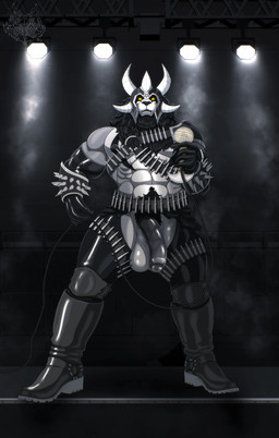abs accessory anthro armor balls beard biceps big_penis biped black_mane black_nipples black_penis body_hair boots bracelet chaps claws clothing electronics facial_hair feet footwear foreskin fur genitals gloves glowing grey_body grey_fur hair handwear harness headgear helmet horn horned_helmet humanoid_genitalia humanoid_penis jewelry latex latex_clothing latex_gloves latex_handwear leather leather_clothing leather_daddy looking_at_viewer male mane microphone mostly_nude_anthro mostly_nude_male muscular muscular_anthro muscular_male nipples occult_symbol open_mouth pecs penis penis_accessory penis_jewelry pentagram piercing rock_out_with_your_cock_out shoes simple_background solo spiked_bracelet spikes spotlight stage stage_lights symbol tattoo tuft vein veiny_penis yellow_eyes grungotharts grungoth_borgzan felid lion mammal pantherine absurd_res hi_res