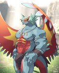 abs anthro anthrofied arm_wraps bottomwear bulge clothing detailed_background jewelry loincloth looking_at_viewer male muscular muscular_anthro muscular_male necklace nipples pecs smile wings wraps voviat nintendo pokemon mundo_(voviat) ancient_pokemon generation_9_pokemon paradox_pokemon pokemon_(species) reptile roaring_moon scalie hi_res