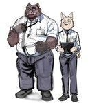 anthro beverage bottomwear brown_body clothing coffee container cup duo ear_piercing ear_ring kemono male necktie overweight overweight_male pants piercing ring_piercing shirt simple_background topwear white_background ujishiyo canid canine canis domestic_dog mammal suid suine sus_(pig) wild_boar 2024 absurd_res hi_res