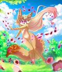 anthro big_ears black_nose breasts cloud featureless_breasts featureless_crotch feet female fur glowing glowing_eyes grass hair long_hair markings mole_(marking) multicolored_body nude outside petals plant psychic purple_eyes sky smile solo standing tan_body tan_fur telekinesis tree white_body white_fur e-pon kyuro canid canine fennec_fox fox mammal true_fox