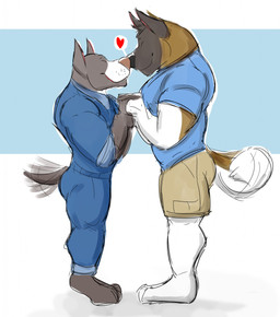 anthro biped clothed clothing duo eyes_closed hand_holding heart_symbol male male/male nose_to_nose snout standing tail citrusification gab_(comic) ruff_bull voff_akita akita american_akita canid canine canis domestic_dog mammal pit_bull spitz hi_res