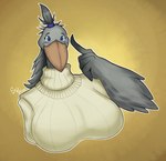 accessory anthro beak big_beak big_breasts blue_eyes breasts clothing curvy_anthro curvy_female curvy_figure feathered_wings feathers female gesture grey_body grey_feathers hair_accessory hair_tie hand_gesture head_feathers looking_at_viewer mature_anthro mature_female orange_beak pointing raised_finger simple_background slightly_chubby slightly_chubby_female smile smiling_at_viewer solo sweater topwear voluptuous_anthro voluptuous_female wings yellow_background seb_valenz sheila_(seb_valenz) avian bird pelecaniform shoebill digital_media_(artwork) hi_res