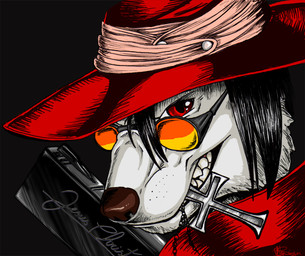 alternate_species ambiguous_gender anthro clothing cross cross_necklace eyewear fangs furrification glasses gun hat headgear headwear jewelry necklace object_in_mouth ranged_weapon solo teeth weapon flamslade hellsing alucard_(hellsing) canid canine canis mammal undead vampire wolf 2008