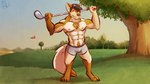 abs anthro armpit_hair biceps black_hair body_hair boxer_briefs brown_body brown_fur bulge cheek_tuft chest_tuft clothed clothing crotch_tuft digitigrade facial_tuft flag flexing flexing_bicep fur golf golf_club golf_course golf_tee hair hat headgear headwear male muscular muscular_anthro muscular_male nails navel nipples pecs plant pose robotic_ear sky smile solo sport tail teeth topless topless_male tree tuft underwear ventkazemaru canid canine canis mammal wolf hi_res