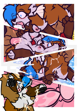 animal_genitalia anthro balls blue_eyes blue_hair blush bodily_fluids breasts brown_balls brown_body brown_fur brown_sheath cervical_contact clothing cowgirl_position cum cum_from_vagina cum_in_hair cum_in_uterus cum_in_vagina cum_inside cum_on_arm cum_on_back cum_on_belly cum_on_body cum_on_breasts cum_on_face cutaway cute_fangs doggystyle duo eye_through_hair eyebrow_through_hair eyebrows faceless_character faceless_male fangs female footwear from_behind_position from_front_position fur genital_fluids genitals gloves hair handwear internal internal_vaginal knot knotting looking_pleasured male male/female mostly_nude multicolored_body multicolored_fur navel nipples on_bottom on_top one_leg_up open_mouth pawpads penetration penile penile_penetration penis penis_in_vagina pink_nipples pink_penis pink_tongue pink_vulva raised_leg reverse_stand_and_carry_position scar scarf sex sharp_teeth sheath spoon_position spooning standing standing_sex teeth tongue tongue_out translucent translucent_hair two_tone_body two_tone_fur uterus vaginal vaginal_penetration vulva white_body white_fur wub_(artist) nel'i_(wub) alaskan_malamute bear canid canine canis domestic_dog mammal nordic_sled_dog spitz absurd_res comic flat_colors hi_res watermark