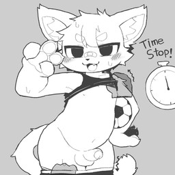 anthro ball balls band-aid band-aid_on_face band-aid_on_nose bandage bandage_on_face bandage_on_nose blush bottomwear bottomwear_down clock clothed clothing genitals gesture glans grey_background half-closed_eyes hand_gesture head_tuft humanoid_genitalia humanoid_penis kemono male mostly_nude narrowed_eyes pants pants_down partially_clothed penis raised_clothing raised_shirt raised_tank_top raised_topwear shirt simple_background smile soccer_ball solo tank_top text time_stop topwear tuft v_sign watch young young_anthro young_male oustella canid canine mammal 1:1 black_and_white english_text hi_res monochrome