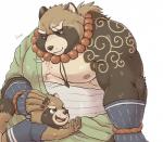 anthro belly brown_body brown_fur clothing duo fur humanoid_hands leaf male moobs nipples overweight overweight_male robe scar simple_background tattoo young young_anthro cddi_h lifewonders tokyo_afterschool_summoners gyobu's_underlings gyobu_(tas) canid canine mammal raccoon_dog tanuki 2020