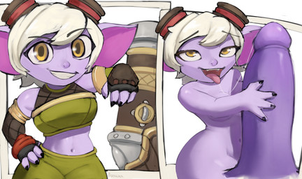 anthro bodily_fluids clothed clothing duo female looking_at_viewer saliva saliva_string short_stack simple_background size_difference arakira league_of_legends riot_games tencent tristana_(lol) yordle absurd_res hi_res