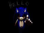 anthro blood blue_body blue_fur bodily_fluids breaking_the_fourth_wall clothing cracked_screen dialogue evil_grin fur gloves handwear horror_(theme) looking_at_viewer male red_eyes sharp_teeth smile solo teeth text usagipixels creepypasta sega sonic.exe_(creepypasta) sonic_the_hedgehog_(series) sonic.exe eulipotyphlan hedgehog mammal