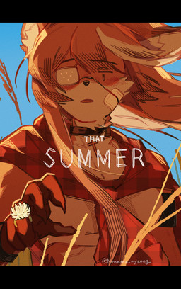 anthro black_bars blue_background clothing eye_patch eyewear female fur hair orange_body orange_fur orange_hair simple_background simple_eyes solo text noname_myeong jeanne_(noname_myeong) canid canine fox mammal absurd_res hi_res letterbox