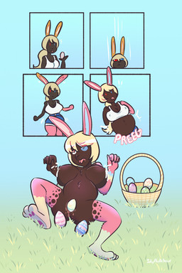 3_toes anthro basket belly belly_expansion biped black_body black_fur blonde_hair blue_eyes blue_sclera bodily_fluids bottomwear bra breasts butt butt_expansion clothed clothing container easter_egg egg egg_from_vagina exclamation_point expansion feet female fur grass hair heterochromia holidays lactating leg_markings legs_together looking_pleasured markings motion_lines nipples non_oviparous_oviposition nude open_mouth outside pawpads pink_ears pink_markings pink_pawpads plant pregnant pregnant_anthro pregnant_female rapid_pregnancy red_eyes shorts shrinking simple_background sitting sitting_on_ground size_transformation socks_(marking) solo spread_legs spreading standing tan_ears text toes tongue tongue_out transformation underwear white_markings inkyfluffsdraws easter luci_valentine_(sandr032) lagomorph leporid mammal rabbit 2021 alternate_version_at_source artist_name censored_version_at_source colored hi_res