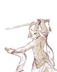 ambiguous_gender anthro clothed clothing cloven_hooves ear_piercing hooves horizontal_pupils horn melee_weapon piercing pupils simple_background solo sword topless weapon thalomine marble_(thalomine) bovid caprine domestic_goat goat mammal nigerian_dwarf_goat greyscale monochrome