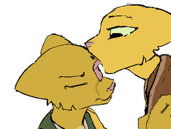 anthro bartender bodily_fluids clothing duo eyes_closed face_lick female fur green_eyes half-closed_eyes hand_on_shoulder licking looking_at_another male male/female narrowed_eyes pink_nose pupils saliva tongue tongue_out yellow_body yellow_fur unknown_artist microsoft prequel_adventure the_elder_scrolls katia_managan s'thengir felid khajiit mammal low_res source_request