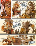 5_fingers 5_toes ahoge anthro armor axe battle_axe bodily_fluids brown_eyebrows brown_eyes brown_hair claws clenched_teeth clothing duo ear_piercing ear_ring eye_scar eyebrows facial_scar feet female female_anthro finger_claws fingerless_gloves fingerpads fingers fur gloves grin hair handwear male male_anthro motion_blur motion_path nipples orange_body orange_fur orange_hair parry pawpads piercing plantigrade_pawpads prosthetic prosthetic_hand ring_piercing scar sharp_teeth shield smile stirrup_footwear sweat sweatdrop tail tan_body tan_fur teeth toe_claws toes tongue tongue_out veiny_arms weapon_prosthetic wraps wrist_wraps ceehaz dog_knight_rpg maci_(ceehaz) canid canine canis domestic_dog hyena mammal pomeranian spitz spotted_hyena 2025 absurd_res comic hi_res