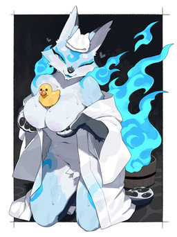 3_fingers 3_toes anthro areola biped blue_body blue_fur blue_tongue blush breasts clothed clothed_anthro clothed_female clothing countershade_fur countershade_torso countershading crotch_tuft exposed_breasts feet female fingers fire front_view fur green_eyes kneeling looking_at_viewer navel nipples one_eye_closed open_clothing open_mouth open_smile open_topwear pawpads paws smile solo teeth toes tongue topwear tuft wet wet_body wet_breasts wet_fur kame_3 yuurei-chan canid canine fox mammal 2025 absurd_res digital_drawing_(artwork) digital_media_(artwork) hi_res