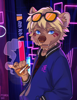 beard blonde_hair blue_eyes brown_body brown_fur brown_nose cigarette clothed clothing eyewear facial_hair facial_markings fully_clothed fur hair head_markings looking_at_viewer male markings smoke snaggle_tooth solo sunglasses synthwave text pitangabag seth_häser herpestid mammal mongoose hi_res japanese_text