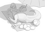 animal_genitalia animal_legs ball beach beach_ball bodily_fluids breasts claws cloaca egg female genital_fluids genitals hair inflatable navel nipples nude oviposition seaside solo umbrella dotoro_(artist) dinosaur dinosaur_taur prehistoric_species reptile reptile_taur scalie scalie_taur taur monochrome