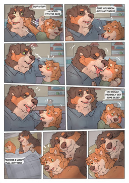 age_difference anthro anthro_on_anthro bed bedding blanket blush bodily_fluids clothed clothing cuddling dialogue drooling duo eye_contact eyebrows flustered french_kissing fur furniture inside kissing larger_male licking_tongue looking_at_another lying male male/male older_male on_bed on_side open_mouth saliva saliva_on_tongue saliva_string shirt size_difference sleeping smaller_male smile speech_bubble stated_incest teeth text tongue tongue_out topwear tuft under_covers younger_male baileyx bernese_mountain_dog canid canine canis domestic_dog mammal molosser mountain_dog swiss_mountain_dog 2026 comic english_text hi_res multiple_scenes father_(lore) father_and_child_(lore) father_and_son_(lore) incest_(lore) incestuous_temptation_(lore) parent_(lore) parent_and_child_(lore) parent_and_son_(lore) son_(lore)