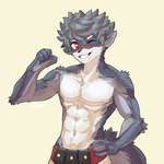 abs anthro athletic athletic_male centurion clothed clothing facial_scar fur grey_body grey_fur grey_hair hair looking_at_viewer male multicolored_body one_eye_closed red_eyes scar shirtless_anthro shirtless_male simple_background smile solo teeth topless topless_anthro topless_male two_tone_body wink asure aquila_(imoyasu_muteki) canid canine canis mammal wolf 1:1 hi_res