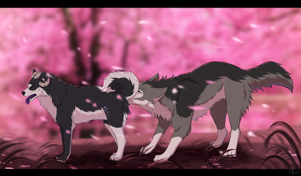 ambiguous_gender black_bars black_nose cherry_blossom curled_tail duo eyes_closed feral flower grass horn nose_to_anus nude open_mouth plant prunus_(flower) realistic_feral side_view size_difference standing tail tongue tongue_out tree midzushiro canid canine canis mammal wolf colored digital_drawing_(artwork) digital_media_(artwork) hi_res letterbox shaded