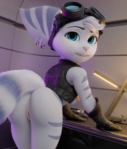 anthro bent_over blue_body blue_eyes blue_fur breasts butt clothing ear_piercing ear_ring eyebrows eyelashes eyewear eyewear_on_head female fur genitals gloves goggles goggles_on_head handwear inside nipples piercing ring_piercing smile solo striped_body stripes tail topwear vulva melo insomniac_games ratchet_and_clank sony_corporation sony_interactive_entertainment rivet_(ratchet_and_clank) lombax mammal 2026 3d_(artwork) absurd_res digital_media_(artwork) hi_res