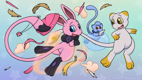 after_transformation air_puff ambiguous_gender black_feet black_hands black_tail_tip blue_body blue_eyes brown_eyes clothing crayon dipstick_ears dipstick_tail ear_markings feet feral group hat head_tuft headgear headwear holding_crayon holding_object holding_paper long_tail looking_at_another looking_at_self markings multicolored_ears paper pink_body tail tail_markings torn_clothing trio tuft union_jack white_body white_tail wool_clothing wool_hat wool_headwear yellow_ear_tips yellow_eyes yellow_hands yellow_tail_tip crizbn nintendo pokemon eevee generation_1_pokemon hybrid legendary_pokemon mew_(pokemon) pokemon_(species) shiny_pokemon 16:9 2026 hi_res widescreen