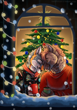 affectionate anthro beverage building candy chocolate christmas_decorations christmas_lights christmas_star clothing container cup dessert duo eyes_closed fangs female food fur holding_object holidays hoodie hot_chocolate house inside male markings multicolored_body multicolored_fur red_clothing red_topwear romantic romantic_couple smile snow spots spotted_body spotted_fur sweater teeth text topwear wall_(structure) year marjani tanutanuki christmas canid canine mammal 2022 artist_collaboration artist_name hi_res