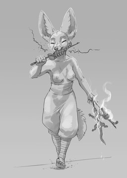 anthro barefoot big_ears bottomwear breasts clothed clothing eating eating_food eyes_closed feet female fire fur inner_ear_fluff leg_wraps nipples oversized_bottomwear oversized_clothing oversized_pants pants pointy_ears prick_ears simple_background skewer skewered_food solo tail topless topless_anthro topless_female tuft wraps ipoke canid canine fennec_fox fox lizard mammal reptile scalie true_fox digital_media_(artwork) hi_res monochrome