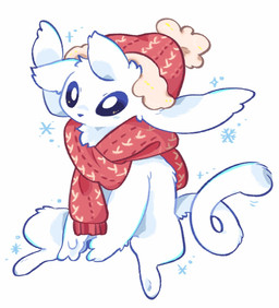 ambiguous_gender anthro blue_eyes clothing fur hat headgear headwear hooves scarf simple_background sitting snowflake solo sparkles tail underhoof white_body white_fur lifori microsoft ori_(series) xbox_game_studios ori_(ori) guardian_spirit 2023 korean_description