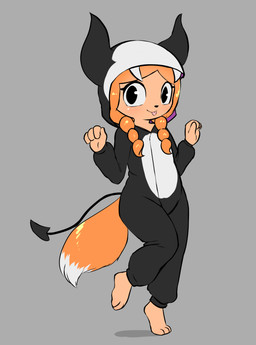 3_toes 4_fingers anthro barefoot clothing fake_tail feet female fingers fluffy fluffy_tail hair looking_at_viewer multicolored_clothing onesie orange_hair pajamas pigtails solo spade_tail tail toes tongue tongue_out two_tone_clothing young young_anthro young_female e254e nina_(e254e) canid canine fox mammal absurd_res hi_res